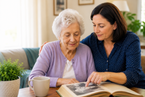 Family caregiver and elderly woman looking through a photo album together at home, illustrating Alzheimer's and dementia care support.