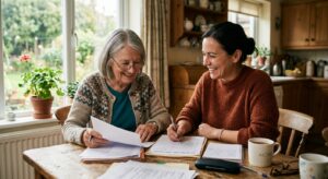 Adult daughter reviewing caregiver eligibility paperwork with her senior mother at home